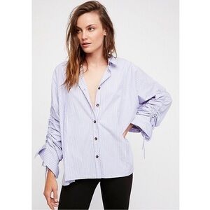 Free People It's A Cinch Button Down Striped Shirt White Blue Medium